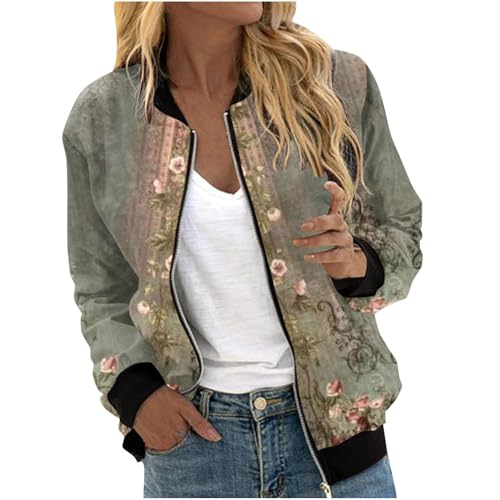Bomberjacke Damen Blumenmuster Oversize Sommerjacke Damen Blouson Reißverschluss Übergangsjacke Herbst Frühling Jacket für Teenager Mädchen Langarm College Jacke Leichte Pilotenjacke Fliegerjacke von Mfhmom
