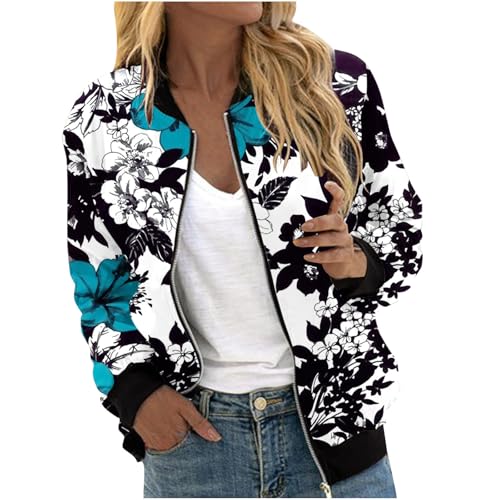 Bomberjacke Damen Blumenmuster Oversize Sommerjacke Damen Blouson Reißverschluss Übergangsjacke Herbst Frühling Jacket für Teenager Mädchen Langarm College Jacke Leichte Pilotenjacke Fliegerjacke von Mfhmom