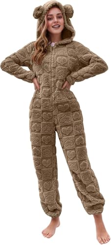 Damen Jumpsuit Teddy Fleece Einteiliger Overall Lang Elegant Schlafanzug Einteiler Flausching Plüsch Pyjama Set Bequemer Einfarbig Onesie Flauschig Kuschelig Hausanzug mit Kapuze Schlafoverall Lustig von Mfhmom