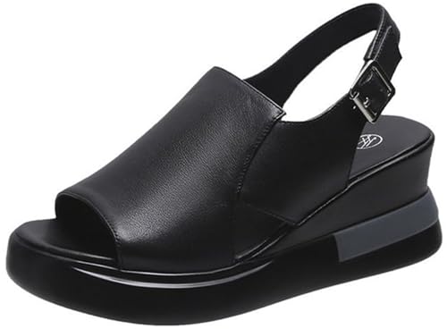 Damen-Sandalen für den Sommer, bequem, aus Leder, mit Keilabsatz, offene Schuhe für Damen, elegant, vielseitig, Plateau-Schnalle, High Heels, flache Flip-Flops, bequeme Sandalen zum Gehen, Schwarz , von Mfhmom