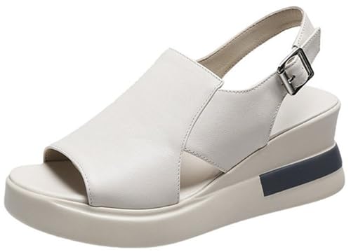 Damen-Sandalen für den Sommer, bequem, aus Leder, mit Keilabsatz, offene Schuhe für Damen, elegant, vielseitig, Plateau-Schnalle, High Heels, flache Flip-Flops, bequeme Sandalen zum Gehen, beige, 43 von Mfhmom