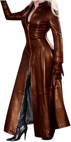 Damen Schwarzer Langer Ledermantel Elegant Damen in Voller Länge Kunstlederjacke Mantel lang Damen Kunstledermantel Reverskragen Knopfleiste/Reißverschluss Steampunk PU Mantel Trenchcoat von Mfhmom