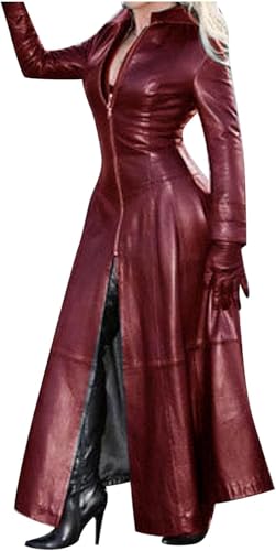 Damen Schwarzer Langer Ledermantel Elegant Damen in Voller Länge Kunstlederjacke Mantel lang Damen Kunstledermantel Reverskragen Knopfleiste/Reißverschluss Steampunk PU Mantel Trenchcoat von Mfhmom