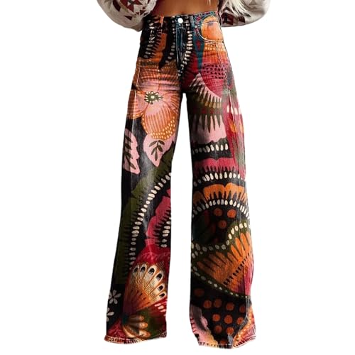Damen Straight Leg Jeans Baggy Lang Weites Bein Jeanshosen High Waist Bootcut Schlaghose y2k Streetwear Hippie Aufdruck Oversize Disco Jeans Gerades Bein Denimhose Stretch Freizeithose mit Taschen von Mfhmom
