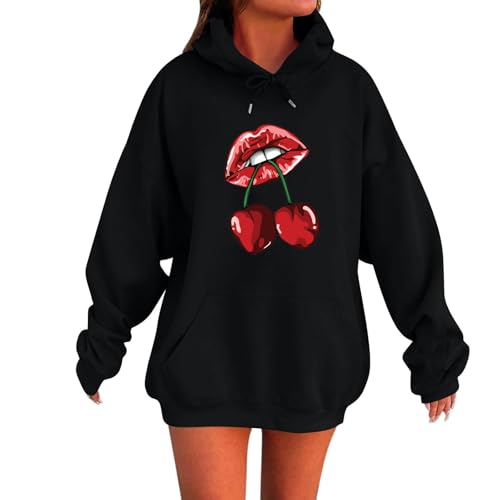 Damen Sweatshirt Hoodies 2YK mit Kirsche und Leopardenherz Grafik JoggingSteetwear Freizeit Activewear Baumwolle Outerwear Oversize Kapuzenpullover Langarm Trainings Modischer Pullover Oberteile von Mfhmom