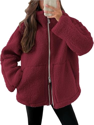 Damen Wollmantel mit Rollkragen, Winter Teddyfleece Jacke Doppelschieber Reißverschluss Wolljacke Winterjacke Thermal Teddy Wintermantel Einfarbig Revers Fleecejacke Flauschig Plüschjacke Womens von Mfhmom