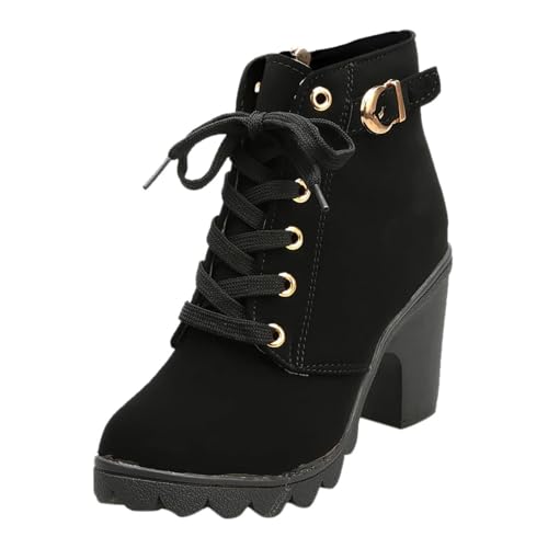 Damenstiefel Winter Warme Stiefeletten Schnalle Ankle Bare Boots Casual Boots Schnalle Schuhe mit Klobigem Absatz Western Knöchelhoher Schuhe Damen Dicker Plateau Reißverschluss Mode Stiefel(Black,36 von Mfhmom