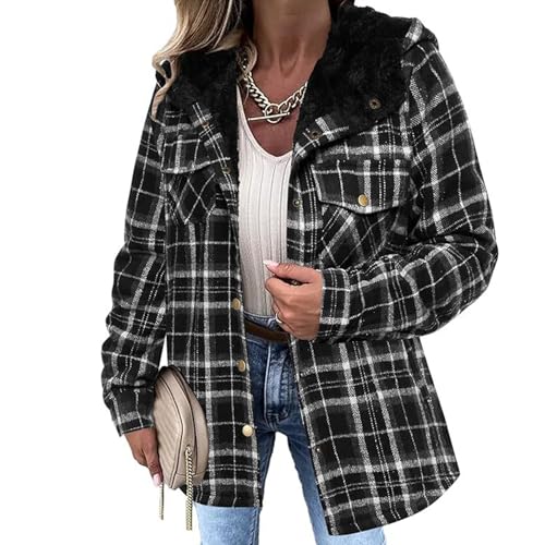 Flanellhemd Damen Kariertes Winterjacke Knöpfen Taschen Mantel Fleecefutter Schützendem Innenfutter Holzfällerjacke Plaid Plüsch Fleece Gefüttert Jacke Winter Arbeitshemd Hemdjacke Mit Kapuze von Mfhmom