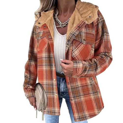 Flanellhemd Damen Kariertes Winterjacke Knöpfen Taschen Mantel Fleecefutter Schützendem Innenfutter Holzfällerjacke Plaid Plüsch Fleece Gefüttert Jacke Winter Arbeitshemd Hemdjacke Mit Kapuze von Mfhmom