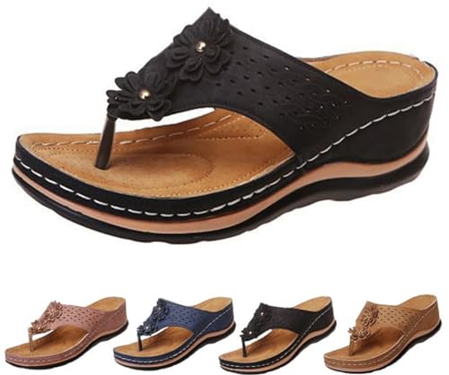 Flip-Flops für Damen, Sommer, leicht, mit Keilabsatz, bequem, orthopädisches Kissen, rutschfest, mit Fußgewölbeunterstützung, bequeme Sommersandalen für Damen, Schwarz , 38 EU von Mfhmom