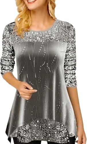 Glitzer Bluse Damen Schick Pailletten Oberteil Rundhals Glitzer Langarmshirt Damen Elegant Silvester Bluse Modern Aesthetic Outfit mit Glitzer Shirt Tops Festliche Party Tunika Festliche Blusenshirt von Mfhmom