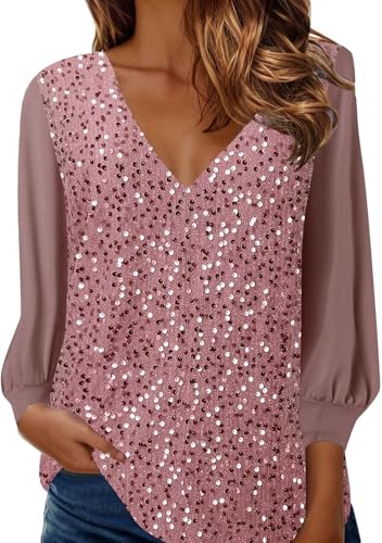 Glitzer Oberteile Damen Elegant Pailletten Oberteil Festlich Party Silvester Bluse Glitzer Shirt Langarm Tunika Lässig V Ausschnitt Glitzer Oberteile Langarmshirt Pullover Glitzershirt von Mfhmom