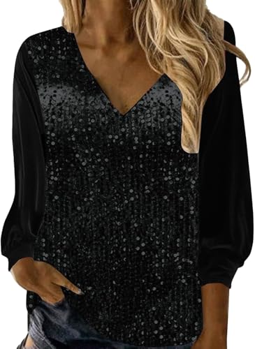 Glitzer Oberteile Damen Elegant Pailletten Oberteil Festlich Party Silvester Bluse Glitzer Shirt Langarm Tunika Lässig V Ausschnitt Glitzer Oberteile Langarmshirt Pullover Glitzershirt von Mfhmom