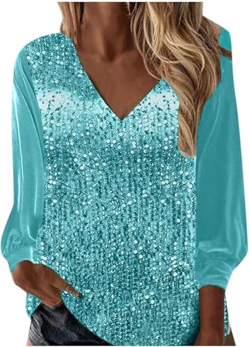 Glitzer Oberteile Damen Elegant Pailletten Oberteil Festlich Party Silvester Bluse Glitzer Shirt Langarm Tunika Lässig V Ausschnitt Glitzer Oberteile Langarmshirt Pullover Glitzershirt von Mfhmom