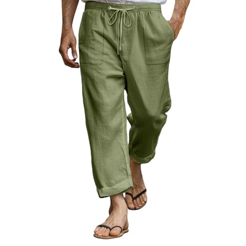 Herren Leinenhose Lang Baumwolle Einfarbiges Leicht Atmungsaktiv Sommerhose Elastischer Bund Komfortabel Strandhose Loose Fit Freizeithose mit Kordelzug für Urlaub Strand Alltag von Mfhmom