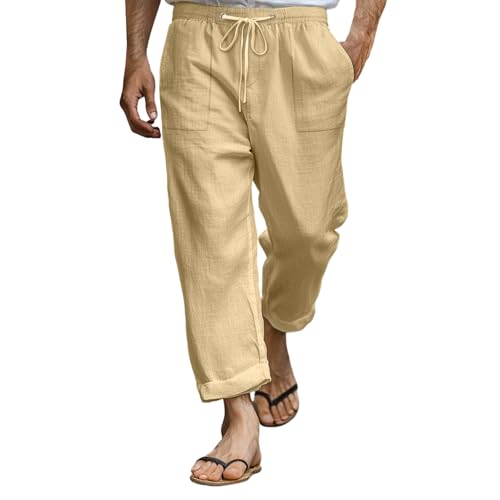 Herren Leinenhose Lang Baumwolle Einfarbiges Leicht Atmungsaktiv Sommerhose Elastischer Bund Komfortabel Strandhose Loose Fit Freizeithose mit Kordelzug für Urlaub Strand Alltag von Mfhmom