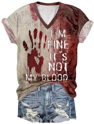 I'm Fine It Not My Blood Drucken Halloween T Shirt Problem Solved Grafik Kurzarm Rundhals Halloween T-Shirt mit Blutigem Print Tshirt Blutspritzer Kostüm Casual Shirts Bluse Oberteil von Mfhmom
