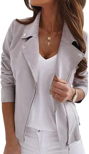 Jacke Damen Kurz Übergangsjacke Moto Bikerjacke Herbst Frühling Leicht Kunstwildleder Jacken Sommerjacke Reverskragen Langarm Kurze Mantel mit Reißverschluss Mini Wildlederimitat Bikerjackes von Mfhmom