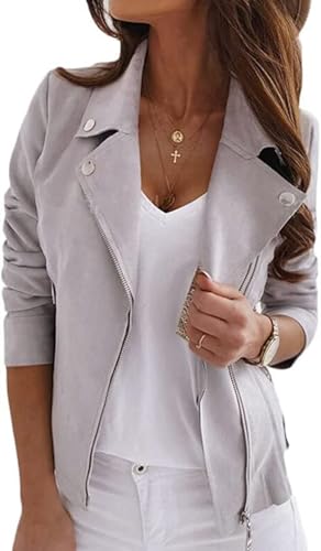 Jacke Damen Kurz Übergangsjacke Wildleder Moto Bikerjacke Herbst Frühling Leicht Jacken Sommerjacke Reverskragen Langarm Boyfriend Kurze Mantel mit Reißverschluss Frühling Herbst Mini Jacke von Mfhmom