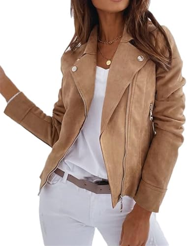Jacke Damen Kurz Übergangsjacke Wildleder Moto Bikerjacke Herbst Frühling Leicht Jacken Sommerjacke Reverskragen Langarm Boyfriend Kurze Mantel mit Reißverschluss Frühling Herbst Mini Jacke von Mfhmom