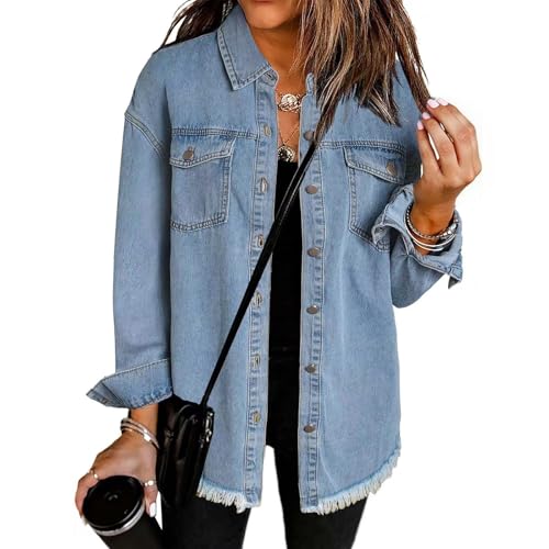 Jeansjacke Damen Vintage Boyfriend Style Langarm Ripped Jean Jacken Denimjacke Button Down Denim Shirt Fall Shacket Jacket mit Taschen Streetwear Sommerjacke Herbstjacke Mantel Outwear von Mfhmom
