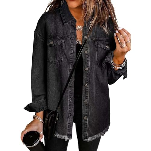 Jeansjacke Damen Vintage Boyfriend Style Langarm Ripped Jean Jacken Denimjacke Button Down Denim Shirt Fall Shacket Jacket mit Taschen Streetwear Sommerjacke Herbstjacke Mantel Outwear von Mfhmom