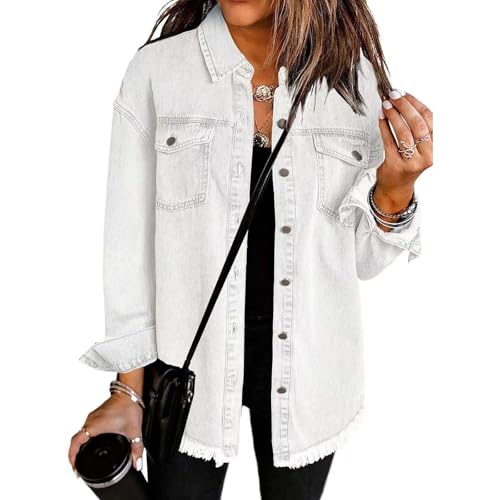 Jeansjacke Damen Vintage Boyfriend Style Langarm Ripped Jean Jacken Denimjacke Button Down Denim Shirt Fall Shacket Jacket mit Taschen Streetwear Sommerjacke Herbstjacke Mantel Outwear von Mfhmom