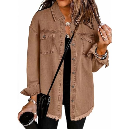 Jeansjacke Damen Vintage Boyfriend Style Langarm Ripped Jean Jacken Denimjacke Button Down Denim Shirt Fall Shacket Jacket mit Taschen Streetwear Sommerjacke Herbstjacke Mantel Outwear von Mfhmom