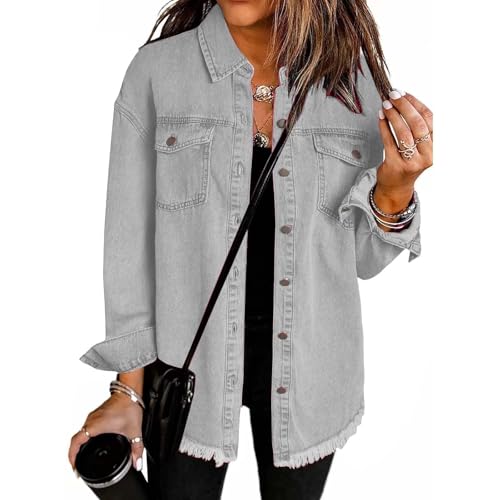 Jeansjacke Damen Vintage Boyfriend Style Langarm Ripped Jean Jacken Denimjacke Button Down Denim Shirt Fall Shacket Jacket mit Taschen Streetwear Sommerjacke Herbstjacke Mantel Outwear von Mfhmom