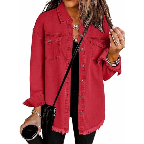 Jeansjacke Damen Vintage Boyfriend Style Langarm Ripped Jean Jacken Denimjacke Button Down Denim Shirt Fall Shacket Jacket mit Taschen Streetwear Sommerjacke Herbstjacke Mantel Outwear von Mfhmom