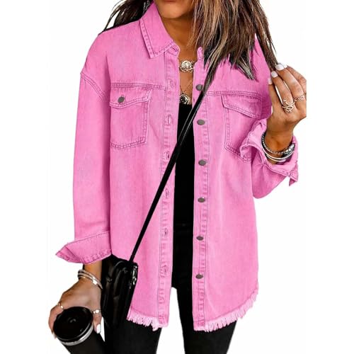 Jeansjacke Damen Vintage Boyfriend Style Langarm Ripped Jean Jacken Denimjacke Button Down Denim Shirt Fall Shacket Jacket mit Taschen Streetwear Sommerjacke Herbstjacke Mantel Outwear von Mfhmom