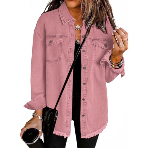 Jeansjacke Damen Vintage Boyfriend Style Langarm Ripped Jean Jacken Denimjacke Button Down Denim Shirt Fall Shacket Jacket mit Taschen Streetwear Sommerjacke Herbstjacke Mantel Outwear von Mfhmom