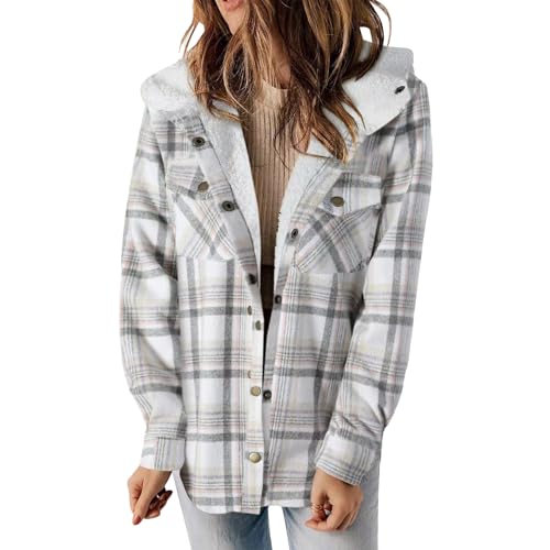 Kariertes Fleecejacke Damen mit Kapuze Plüschjacke Lammwolle Gefütterte Jacke Verdicken Warm Kuscheljacke Wintermantel Thermo Plüsch Mantel Teddyfleece Jacke Winter Karo Hemdjacke von Mfhmom