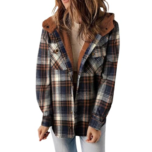 Kariertes Fleecejacke Damen mit Kapuze Plüschjacke Lammwolle Gefütterte Jacke Verdicken Warm Kuscheljacke Wintermantel Thermo Plüsch Mantel Teddyfleece Jacke Winter Karo Hemdjacke von Mfhmom