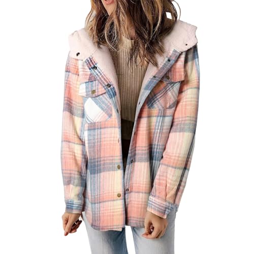Kariertes Fleecejacke Damen mit Kapuze Plüschjacke Lammwolle Gefütterte Jacke Verdicken Warm Kuscheljacke Wintermantel Thermo Plüsch Mantel Teddyfleece Jacke Winter Karo Hemdjacke von Mfhmom