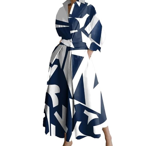 Kleid Damen Sommerkleid Hemdkragenkleid aus Reiner Baumwolle POLO Ausschnitt Abendkleider Elegant Hohe Taille Casual Lange Shirt Vintage Maxikleid Cocktailkleid Partykleider Freizeitkleid Lang von Mfhmom