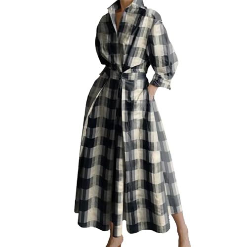 Kleid Damen Sommerkleid Hemdkragenkleid aus Reiner Baumwolle POLO Ausschnitt Abendkleider Elegant Hohe Taille Casual Lange Shirt Vintage Maxikleid Cocktailkleid Partykleider Freizeitkleid Lang von Mfhmom