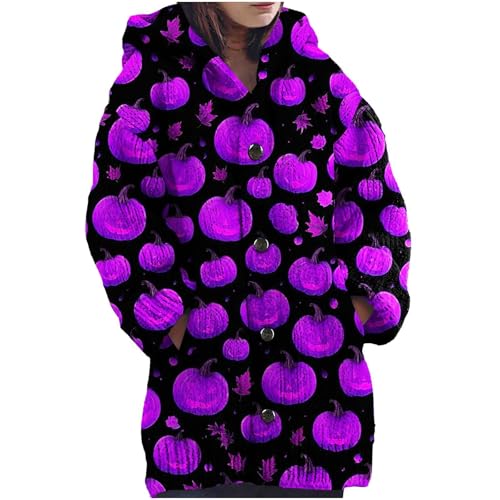 Lang Strickjacke Damen Horror Halloween Kürbis Geist Fledermaus Druck Cardigan mit Kapuze Locker 3D Digital Bedruckte V-Ausschnitt Strickmantel Oversize Herbst Winter Klassisch Sweater Pullover von Mfhmom