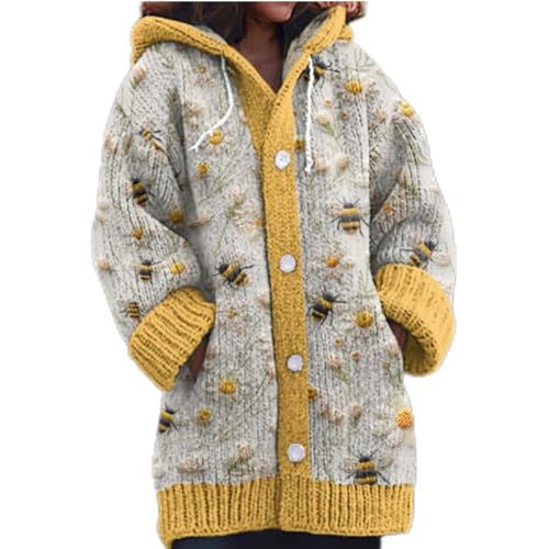 Lang Strickjacke Damen Kürbis Geist Einfaches Motiv Strick Cardigan 3D Kreative Druck Geister Halloween Kapuzenpullover Übergröße mit Knopfleiste Taschen Herbst Winter Grobstrick Strickcardigan von Mfhmom