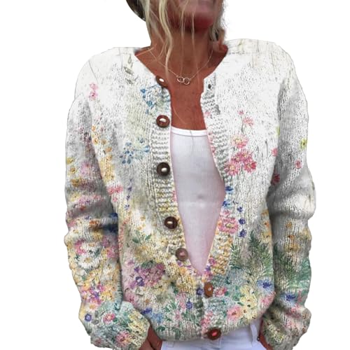 Lange Strickjacke Damen Lang Herbst Cardigan Winter Pullover Ugly Weatershirt Weihnachtes Cardigans mit Knöpfen Cute Front 3D Digital Bedruckte Mantel Jacke Strickcardigan Gemustert Strickpullover von Mfhmom