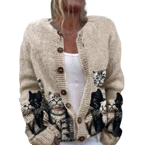 Lange Strickjacke Damen Lang Herbst Cardigan Winter Pullover Ugly Weatershirt Weihnachtes Cardigans mit Knöpfen Cute Front 3D Digital Bedruckte Mantel Jacke Strickcardigan Gemustert Strickpullover von Mfhmom