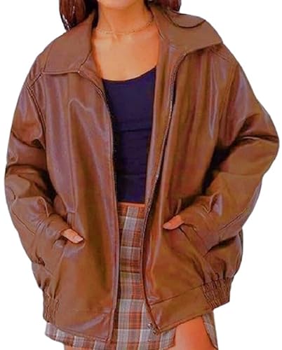 Lederjacke Damen Oversize Schwarz Braun Lockere Bomberjacke Leder Bikerjacke Motorradjacke Kunstlederjacke Pu Pilotenjacke Moto Biker Mantel Streetwear Leather Jacket von Mfhmom