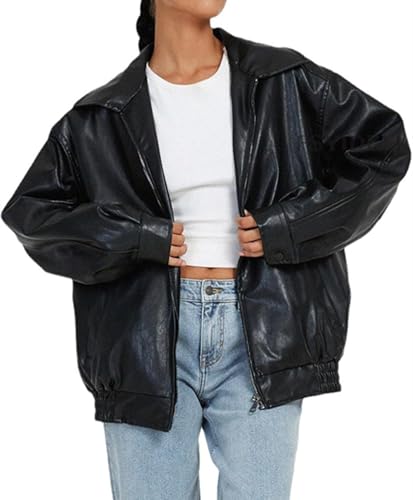 Lederjacke Damen Oversize Schwarz Braun Lockere Bomberjacke Leder Bikerjacke Motorradjacke Kunstlederjacke Pu Pilotenjacke Moto Biker Mantel Streetwear Leather Jacket von Mfhmom