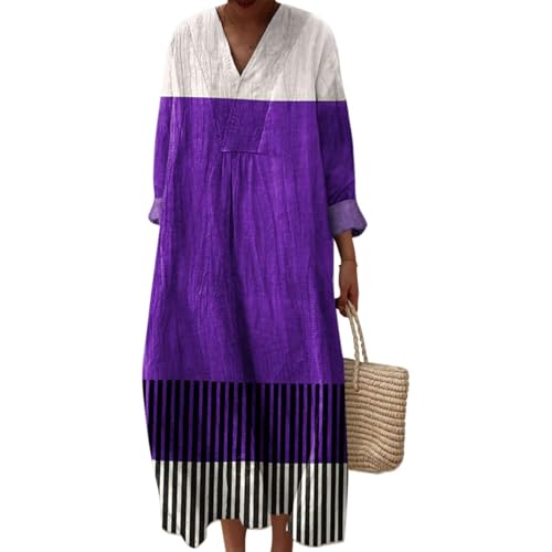 Leinen Kleid Damen Lang Sommerkleid Langarm V-Ausschnitt Boho Blumendruck Strandkleid Lose Maxikleid Leicht und Luftig Vintage Kleider Swing Midikleid Freizeitkleid mit Taschen von Mfhmom