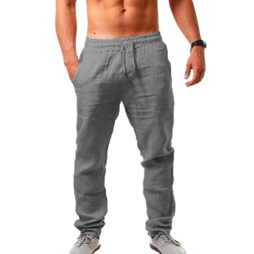 Leinenhose Herren Lang Baumwolle mit Taschen Einfarbiges Enthält Leinen Freizeithose Leicht Sommerhose Loose Fit Haushose mit Kordelzug Stoffhose für Yoga Alltag Urlaub Strand von Mfhmom