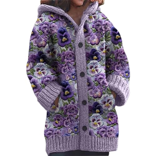 Mfhmom Cardigan Damen Winter Strickjacke Sweaters Weihnachtes Warm Sweatshirt Steppjacke 3D Digital Bedruckte Sweaterjackemit Strickpullover Kapuzenjacke Kapuze Grobstrick Alpaka Langarm Knöpfen von Mfhmom