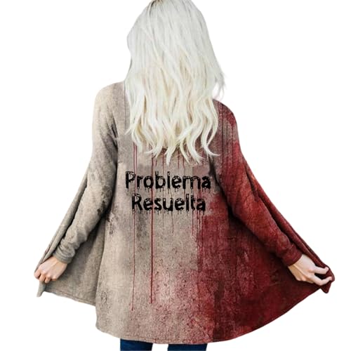 Mfhmom Cardigan Langarm Damen Halloween Kostüm Problem Solved Bloody Print Jacke Gruseliges Hoodie Kapuzenjacke Brief Gedruckt Blood Leichte Strickjacke Blutig Gruselig Streetwear Aufdruck Lustiger von Mfhmom