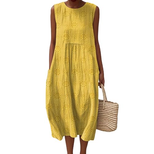 Mfhmom Damen Boho-Kleid Strandkleid Musselin Sommerkleid Leinen Rundhals Armellos Trägerkleid Lockeres Plissiertes Atmungsaktives Midikleid mit Taschen Tunika Kleider Lässiges Knielanges Kleid von Mfhmom