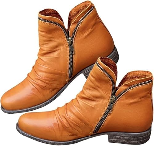 Mfhmom Damen Stiefel Leder Breite Fuß Orthopädische Schuhe Wasserdichte Flach Chelsea Ankle Boots Bequem Slip on Damenstiefel Arch Support Zipper Kurze Stiefeletten fur Herbst Winter (40,02) von Mfhmom