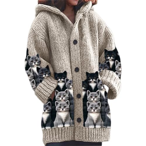 Mfhmom Damen Strickjacke Winter Cardigan Sweaters Weihnachtes 3D Digital Bedruckte Sweaterjackemit Kapuze Warm Sweatshirt Steppjacke Grobstrick Alpaka Langarm Knöpfen Strickpullover Kapuzenjacke von Mfhmom